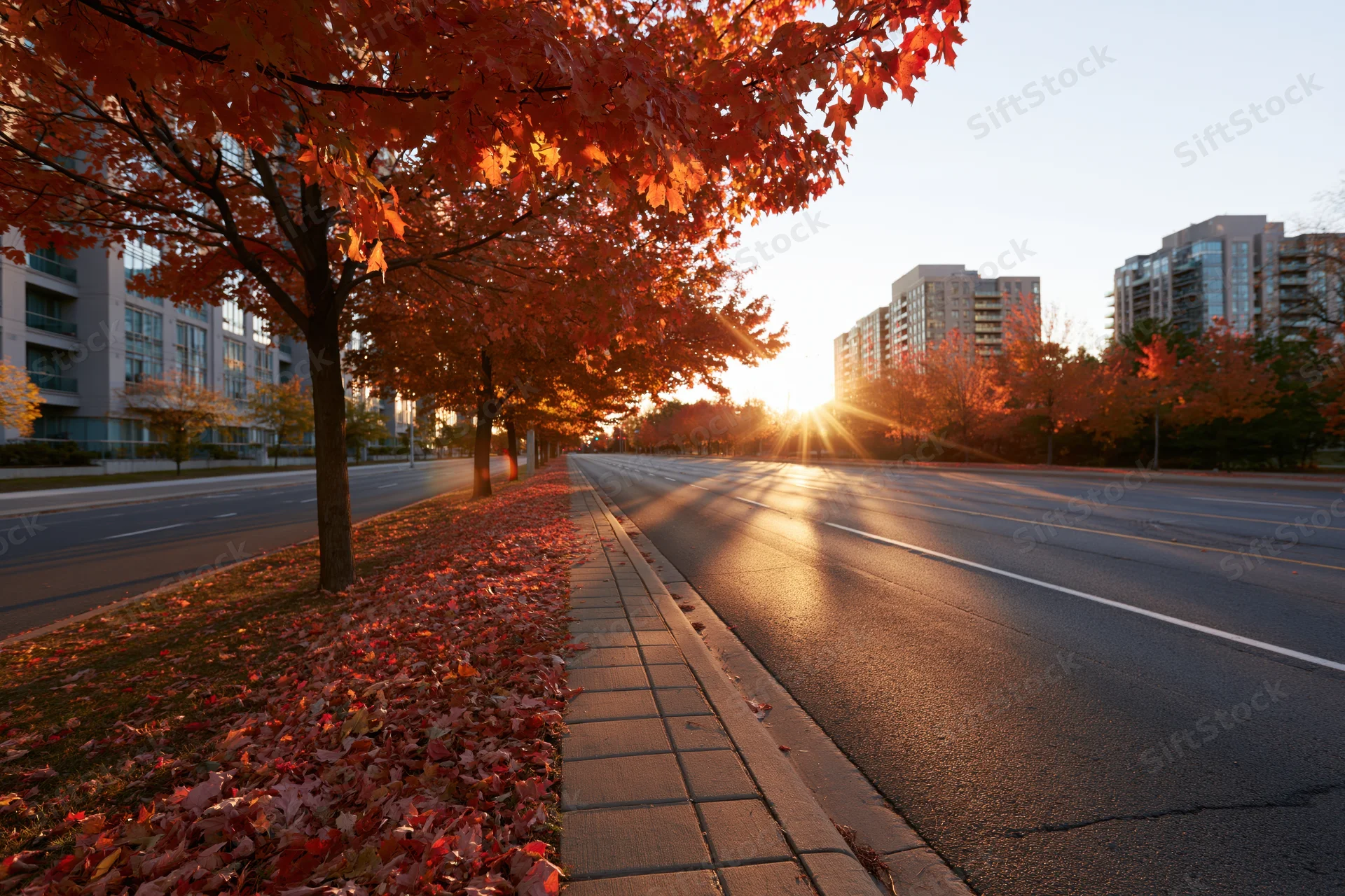 Autumn trees lining an urban avenue with fallen leaves on sidewalk and road at sunset