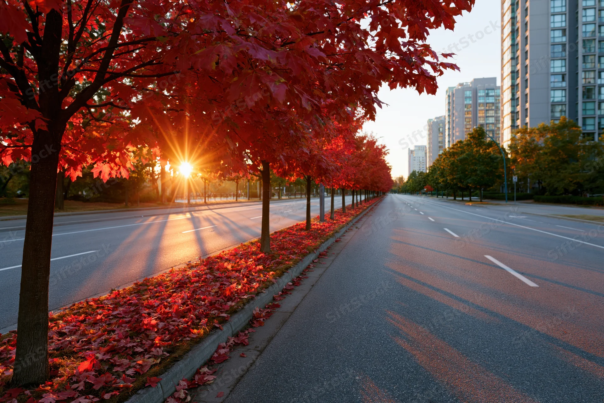 Autumn trees lining an empty city road at sunset with red leaves on pavement and buildings in background