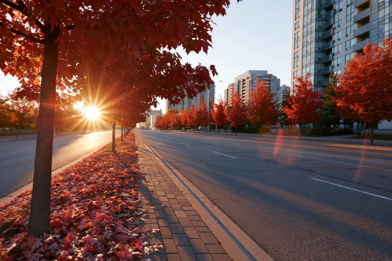 Autumn trees lining an urban avenue with sunlight flaring through leaves at sunrise over a city street