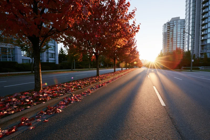 Autumn road lined with red-leafed trees stretching into the city at sunset