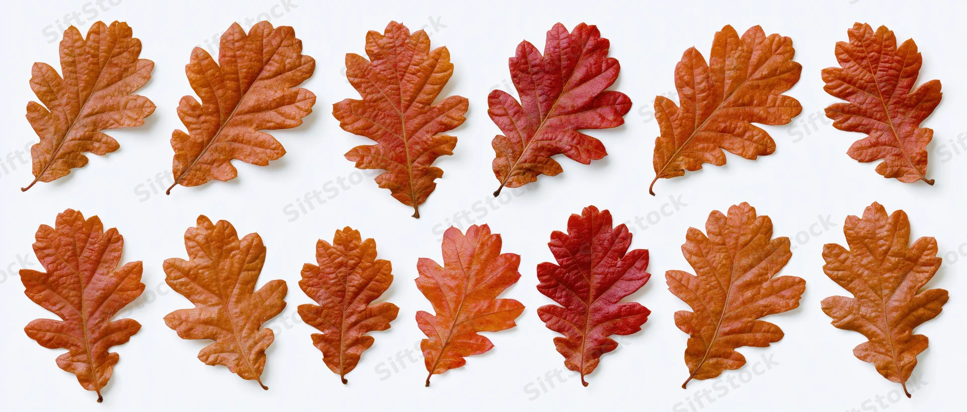 Twelve autumn oak leaves arranged in a flat lay grid on white background