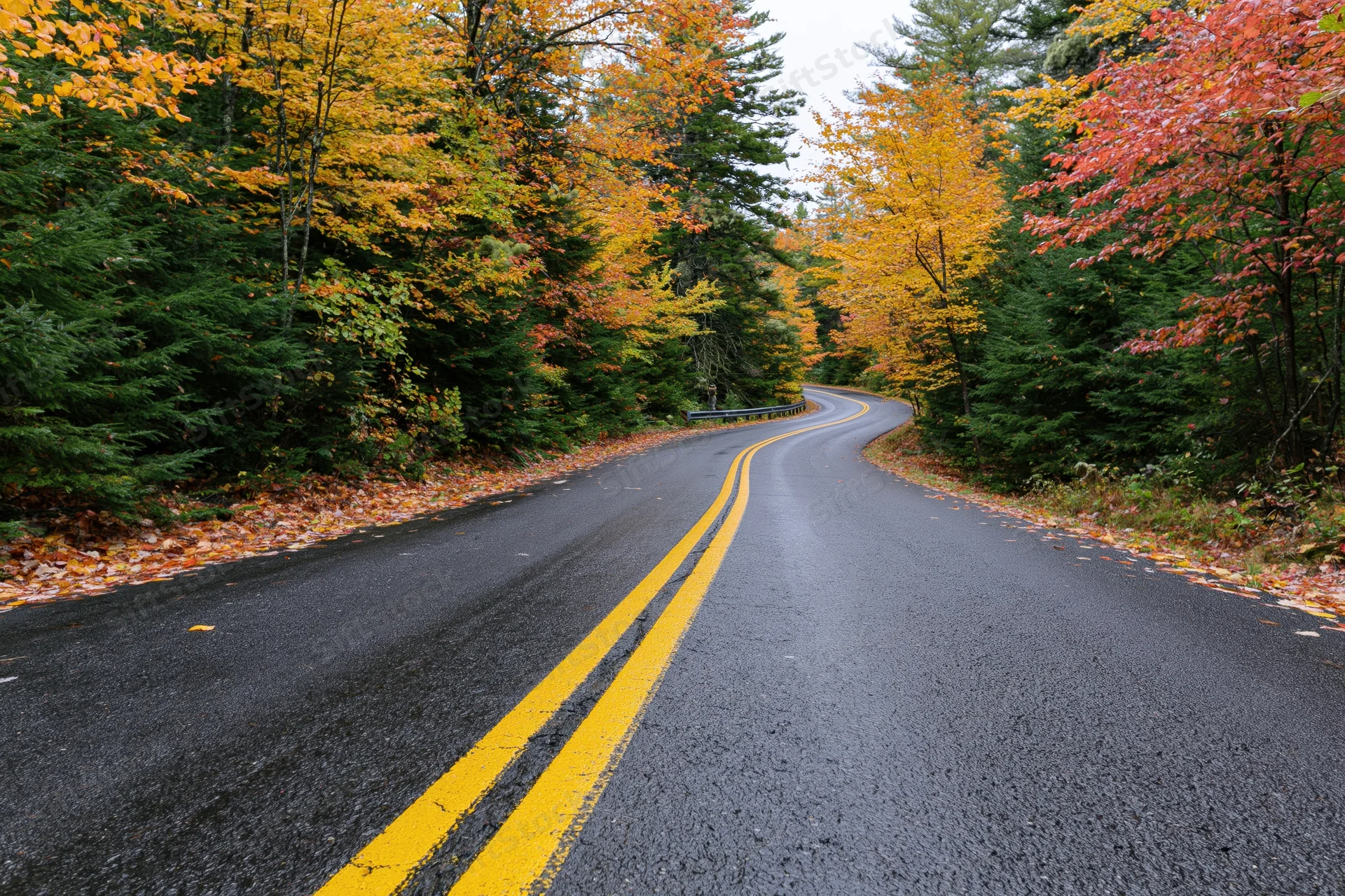 Winding asphalt road with double yellow lines curving through autumn forest with colorful foliage