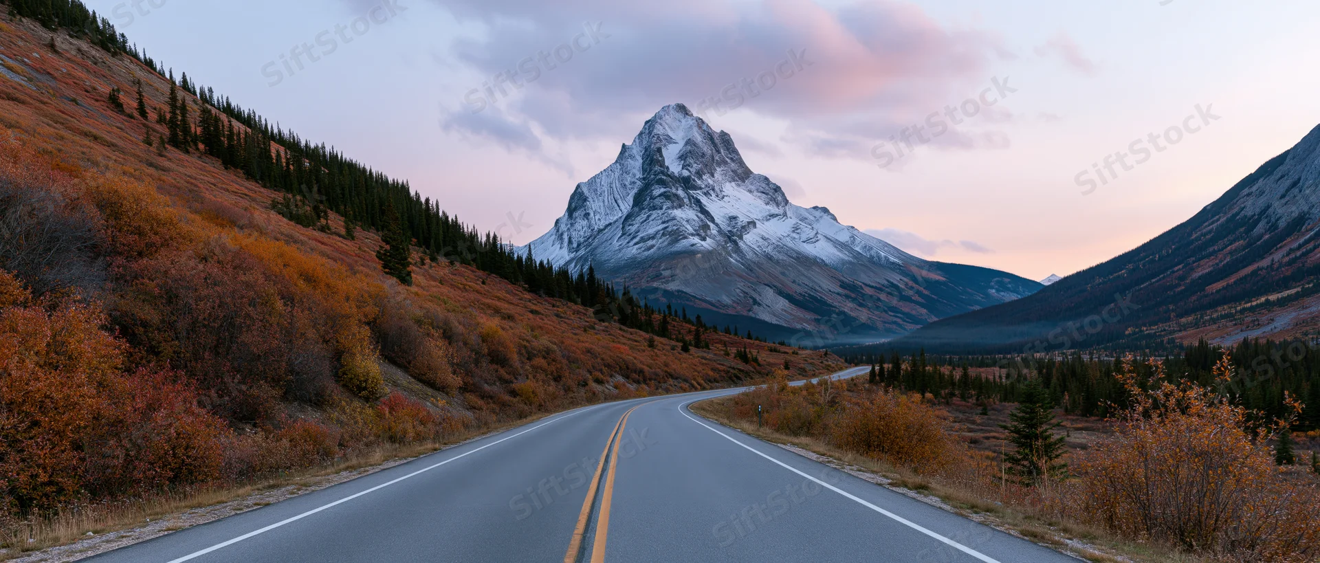Winding two-lane highway through autumnal alpine valley with snow-capped mountain peak in distance