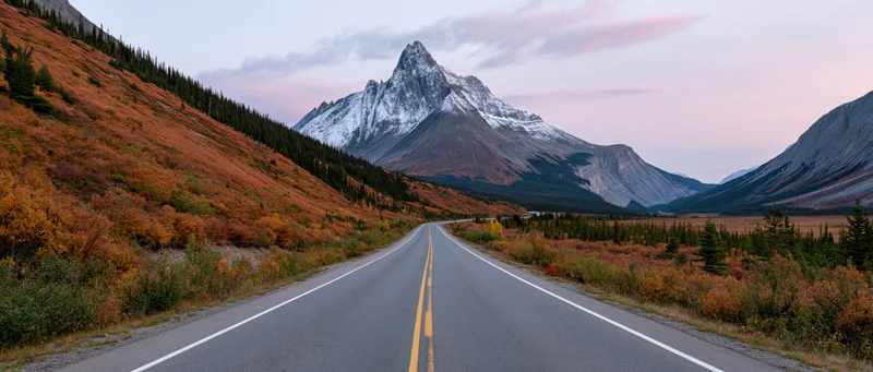 Two-lane highway curving through mountain valley with snow-capped peak and autumn foliage