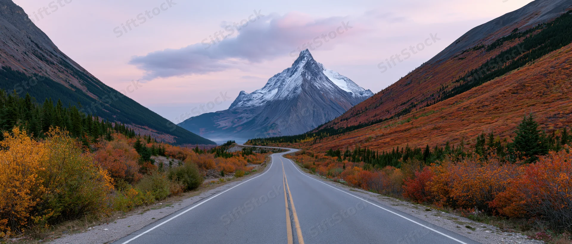 Two-lane highway winding through autumn-colored valley with snow-capped mountain in distance