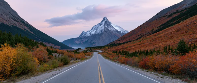 Two-lane highway winding through autumn-colored valley with snow-capped mountain in distance