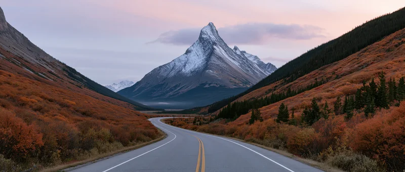 Winding two-lane highway through autumn-colored valley with snow-capped mountain peak in canadian rockies