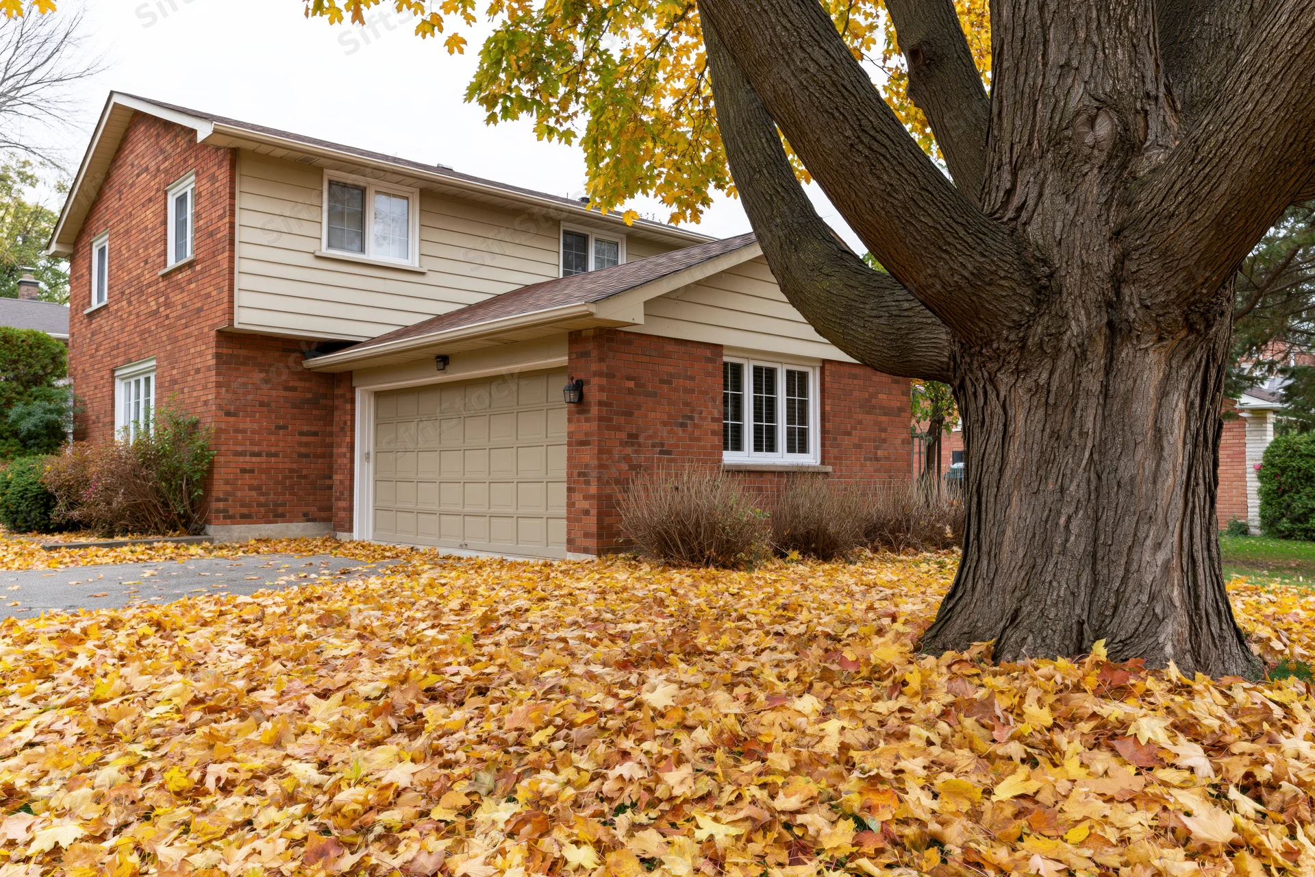 Two-story brick suburban house with beige siding and attached garage surrounded by fallen autumn leaves and a large tree in the front yard