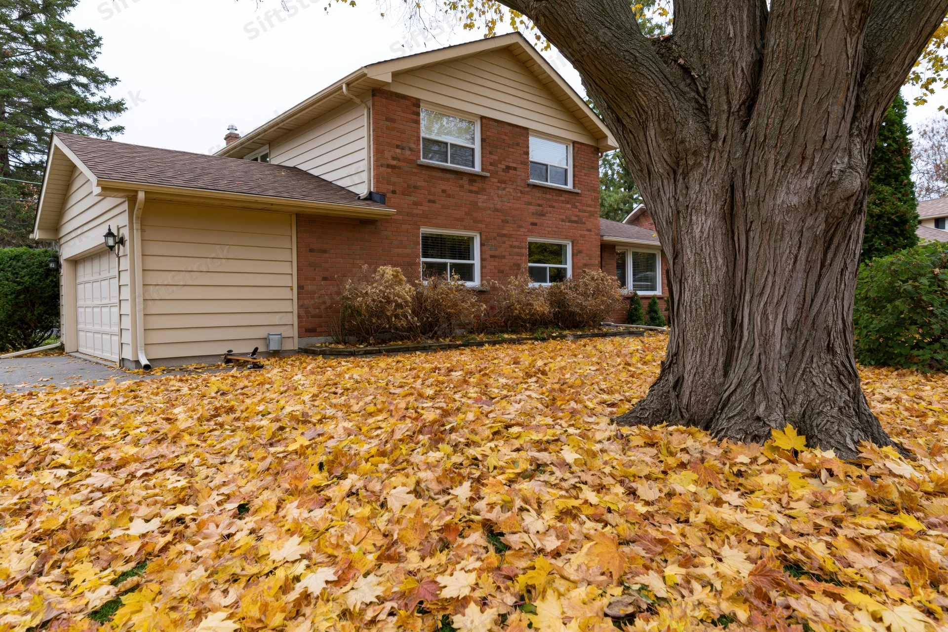 Two-story brick suburban house with beige siding and attached garage surrounded by fallen autumn leaves in front yard