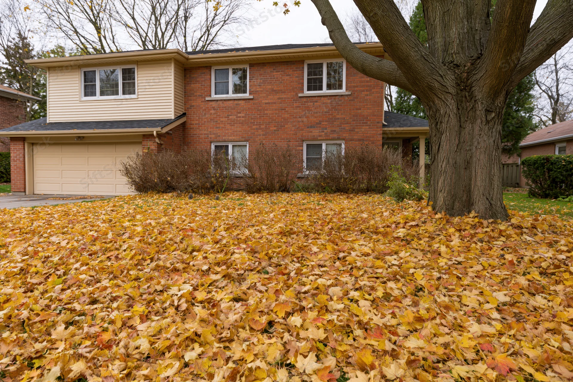 Two-story brick suburban house with beige siding and attached garage surrounded by fallen autumn leaves in front yard