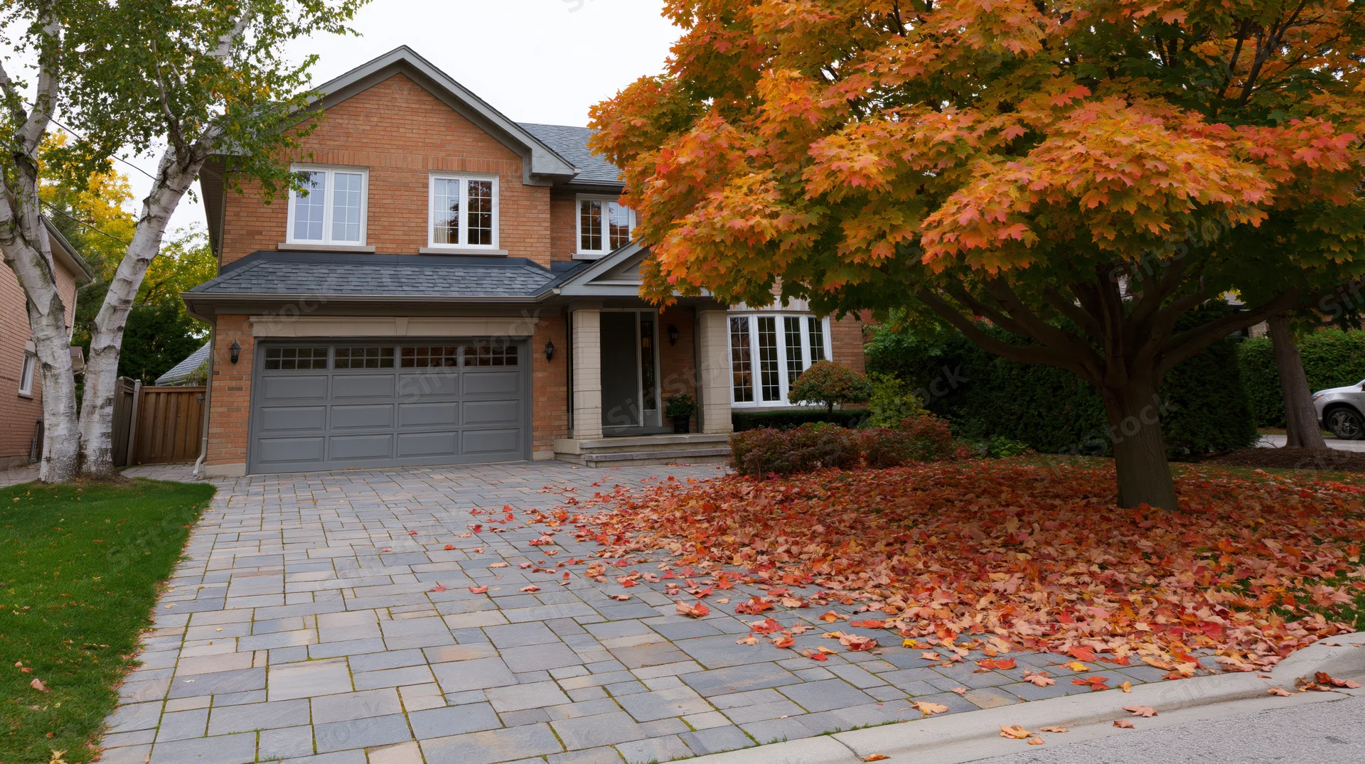 Two-story brick suburban house with grey roof and attached garage, front entrance visible, autumn leaves scattered on paved driveway and lawn