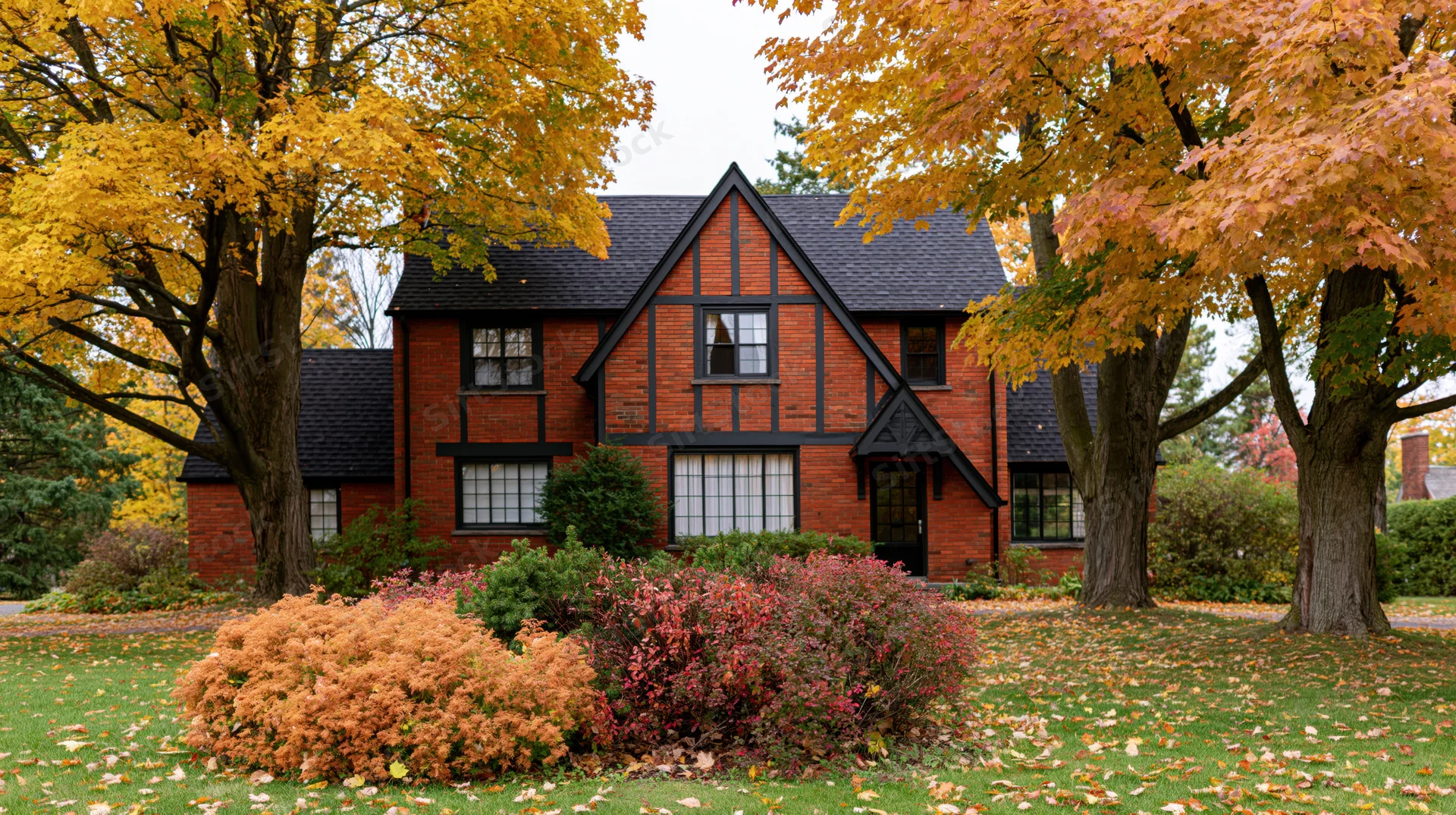 Red brick cottage-style house with dark trim surrounded by autumn trees and colorful foliage in front yard