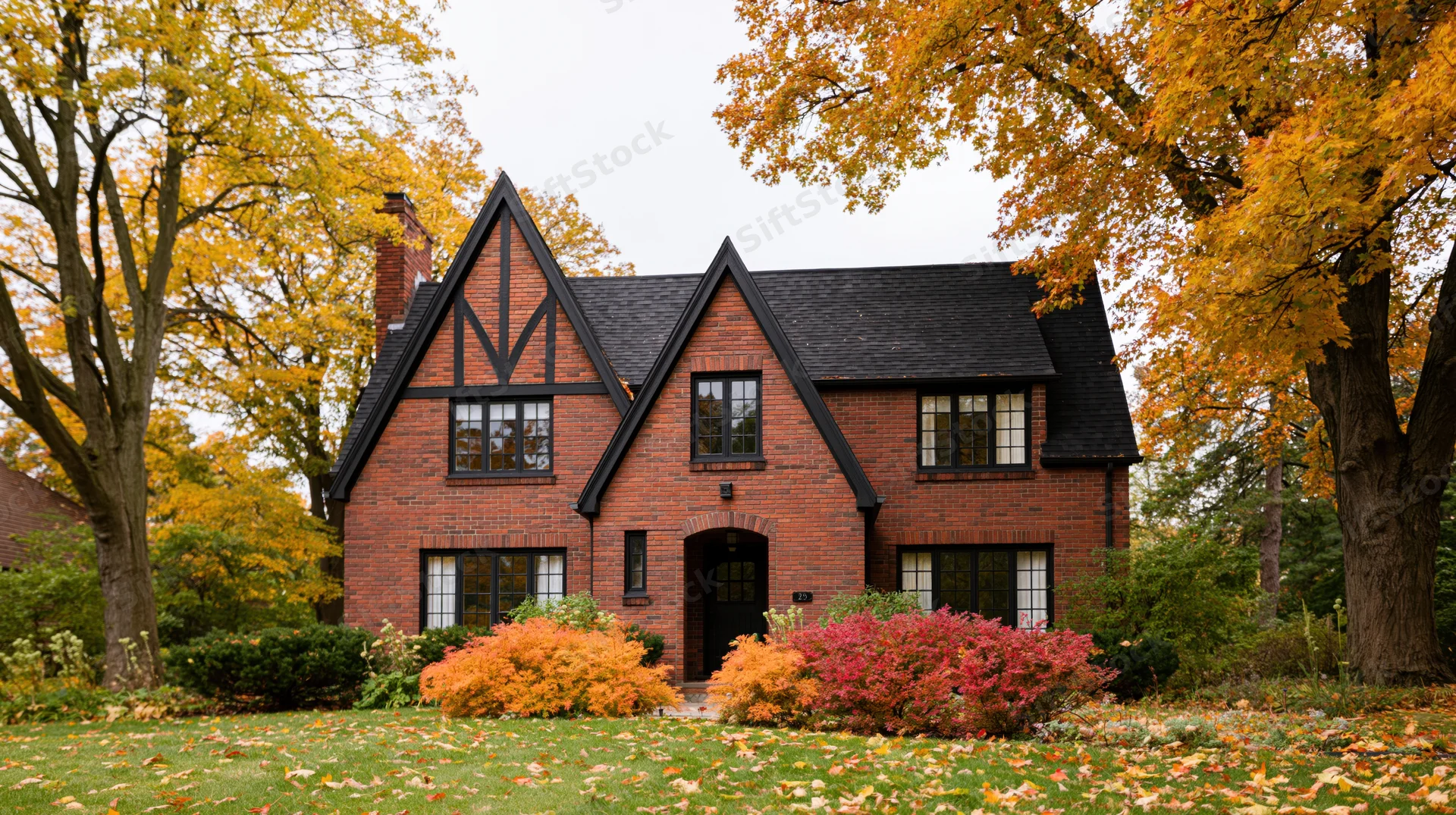 Red brick cottage house with dark trim and autumn foliage in front yard