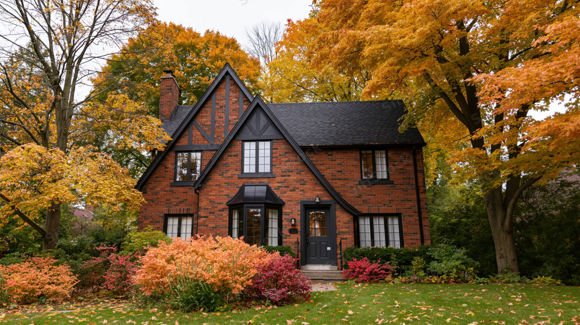 Red brick cottage house with dark trim and autumn foliage in front yard