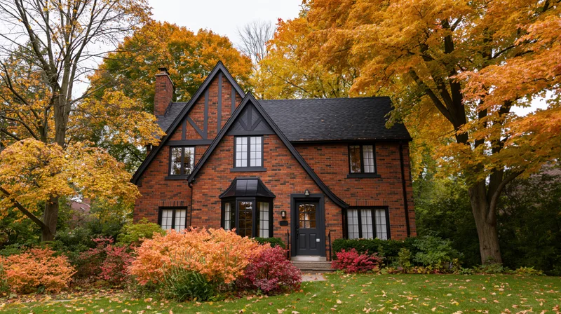 Red brick cottage house with dark trim and autumn foliage in front yard