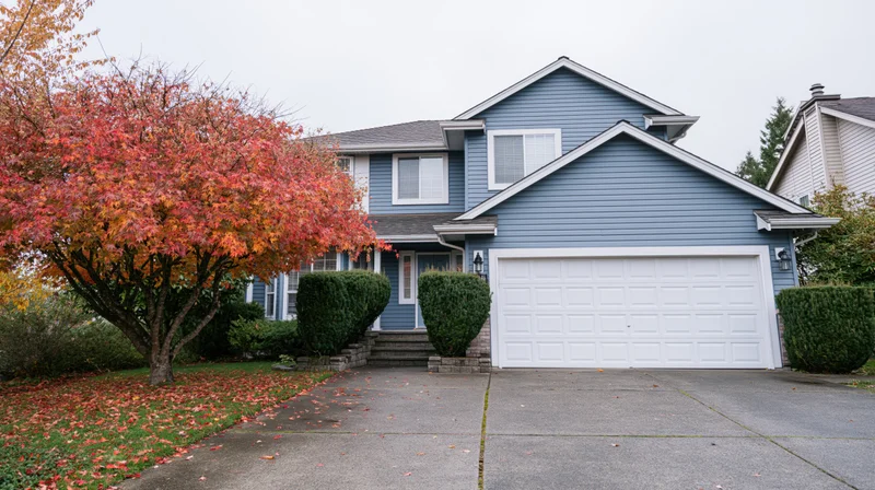 Blue-grey two-story suburban house with white garage and autumn tree in front yard
