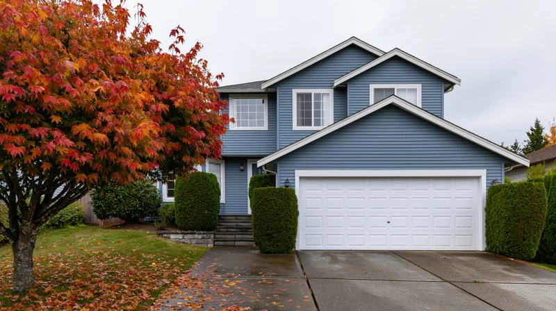 Two-story suburban house with blue-grey vinyl siding and white garage, surrounded by autumn foliage and a paved driveway