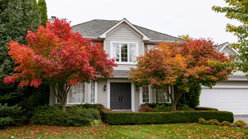 Two-story suburban house with autumn foliage and red orange leaves in front yard