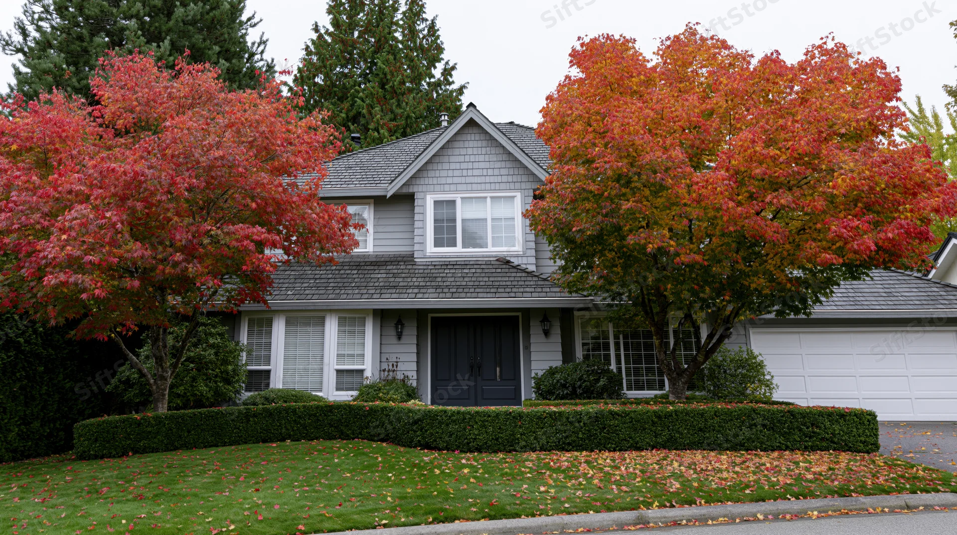 Two-story suburban house with grey cedar shake roof and dark front door surrounded by red-leafed trees in autumn front yard