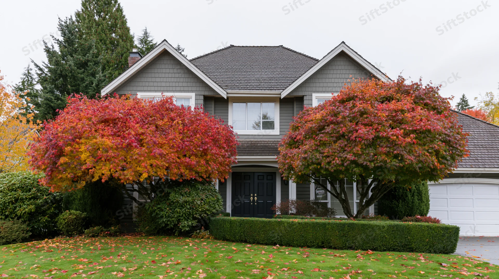 Two-story suburban house with grey cedar shake roof and dark front door flanked by colorful autumn trees and green lawn
