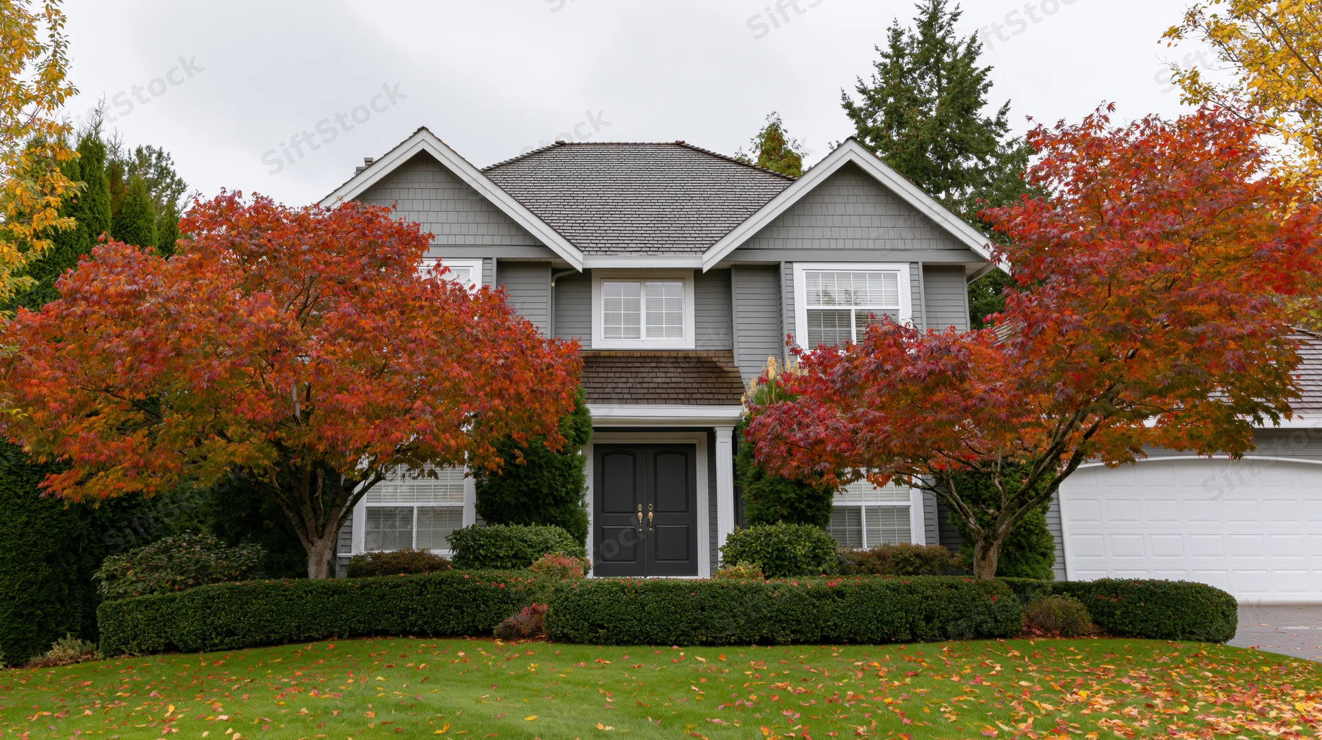 Two-story suburban house with red and orange autumn trees in front yard