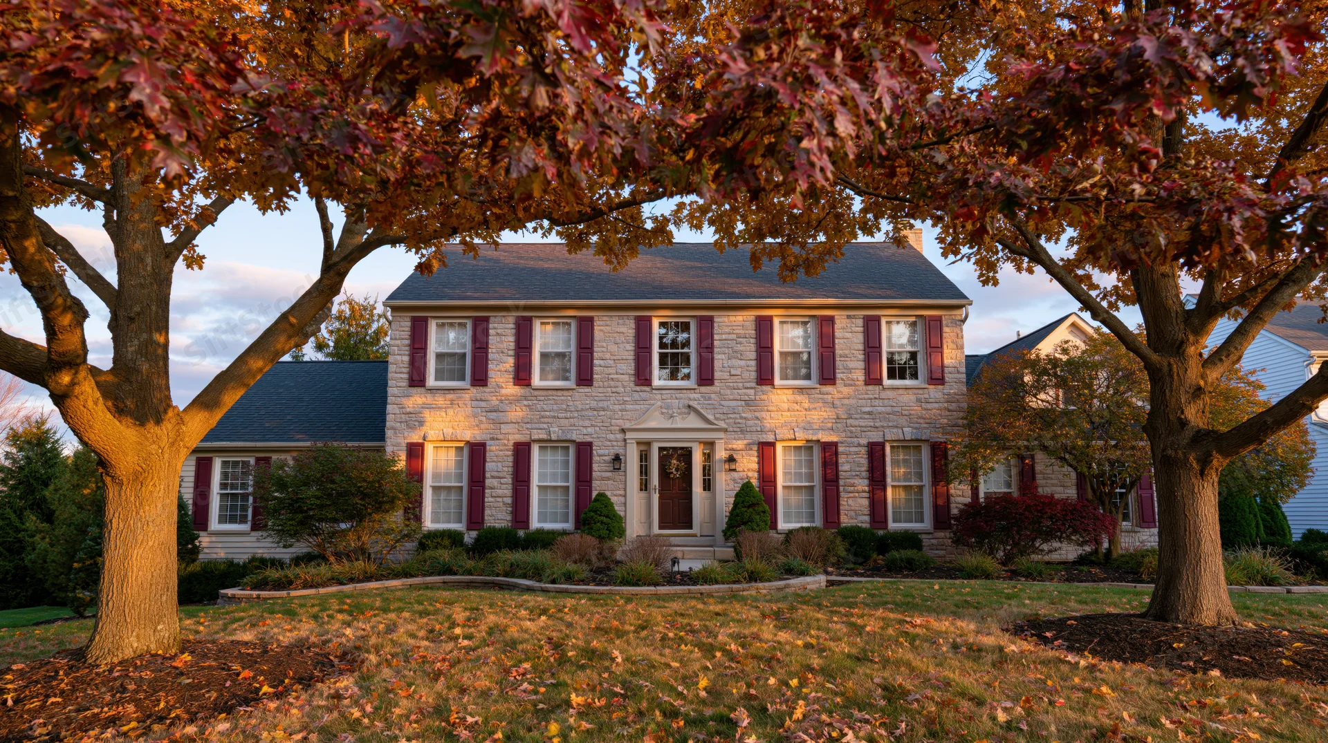 Two-story limestone suburban house with red shutters and autumn trees framing the front entrance at sunset