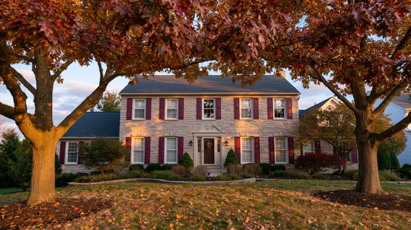 Two-story limestone suburban house with red shutters and autumn trees framing the front entrance at sunset