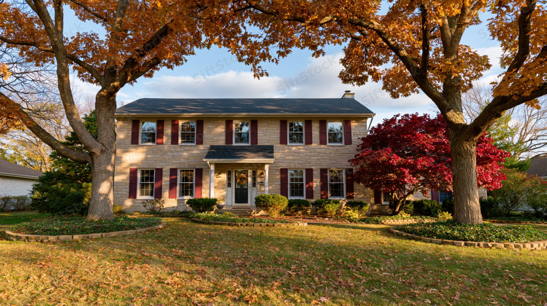 Two-story tan limestone suburban house with dark grey roof and maroon shutters framed by autumn trees in front yard