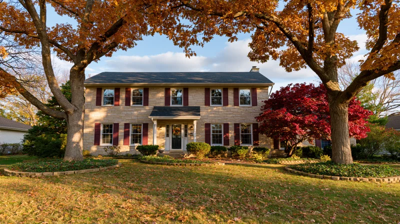 Two-story tan limestone suburban house with dark grey roof and maroon shutters framed by autumn trees in front yard
