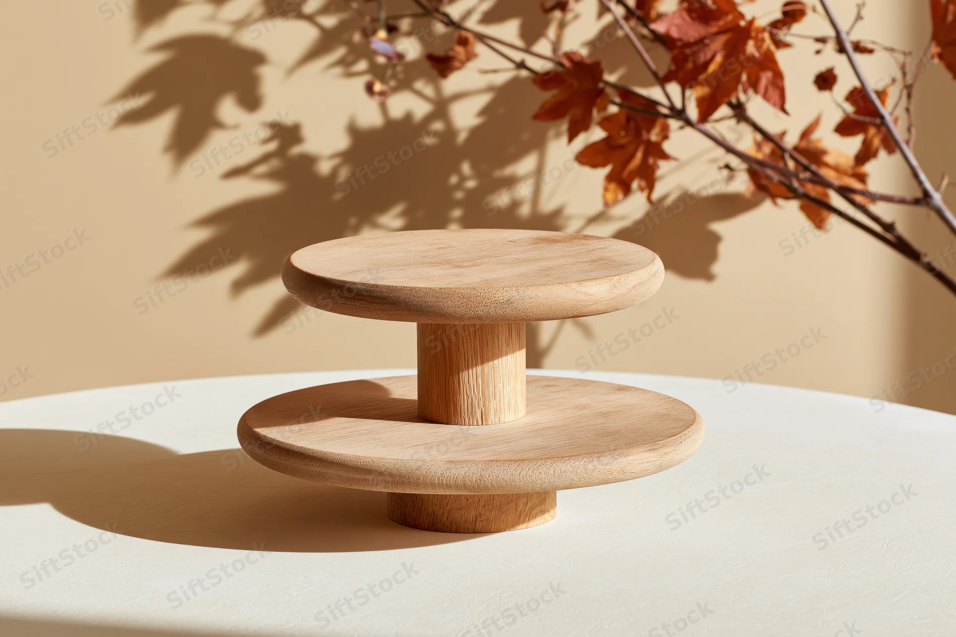 Two-tiered natural wood display pedestal on a white table with autumn leaves casting shadows in a minimalist interior