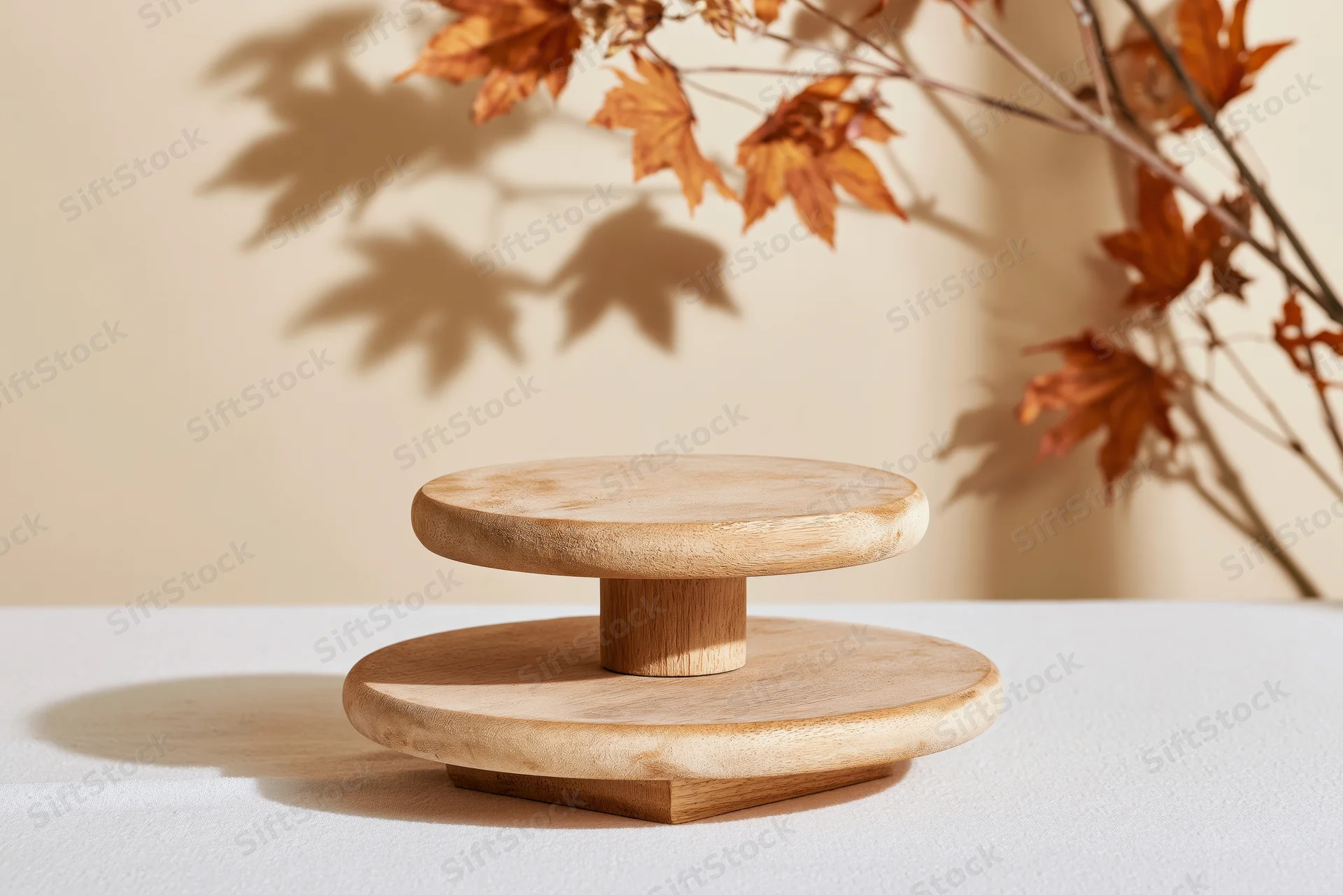 Two-tiered natural wood display pedestal on a white surface with autumn maple branches and shadows in the background