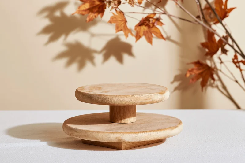 Two-tiered natural wood display pedestal on a white surface with autumn maple branches and shadows in the background