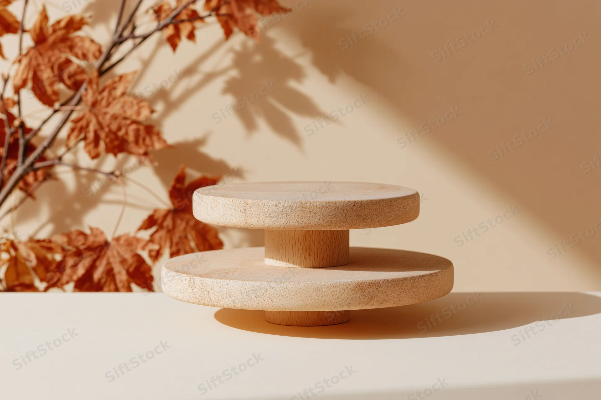 Two-tiered natural wood display pedestal on a plain surface with autumn leaves and shadows
