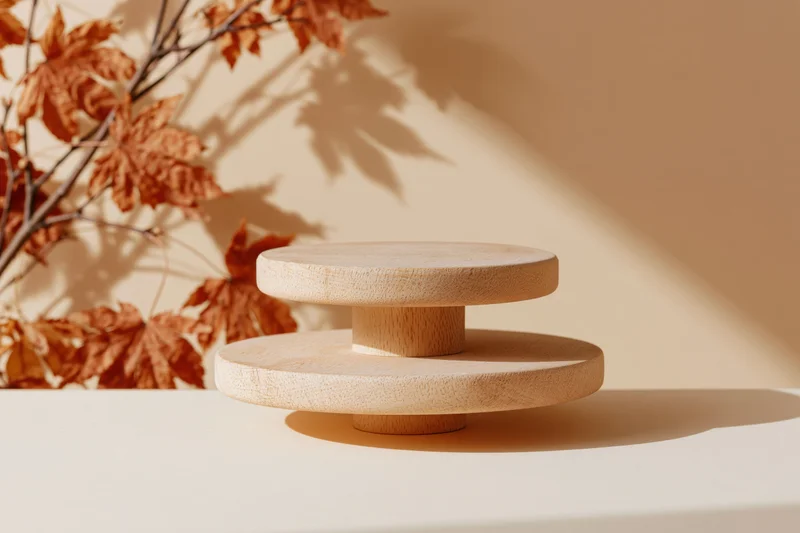 Two-tiered natural wood display pedestal on a plain surface with autumn leaves and shadows