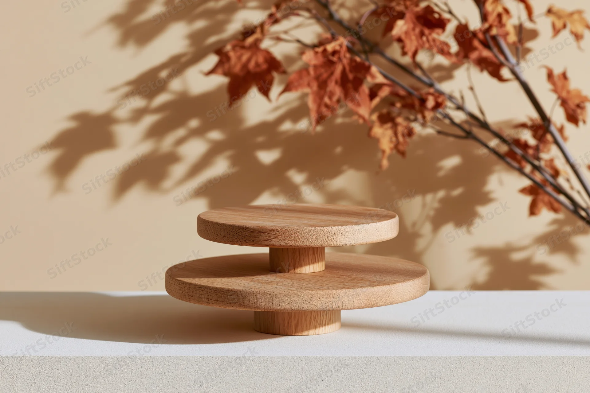 Two-tiered wooden display pedestal on a white surface with autumn leaves casting shadows on a beige wall