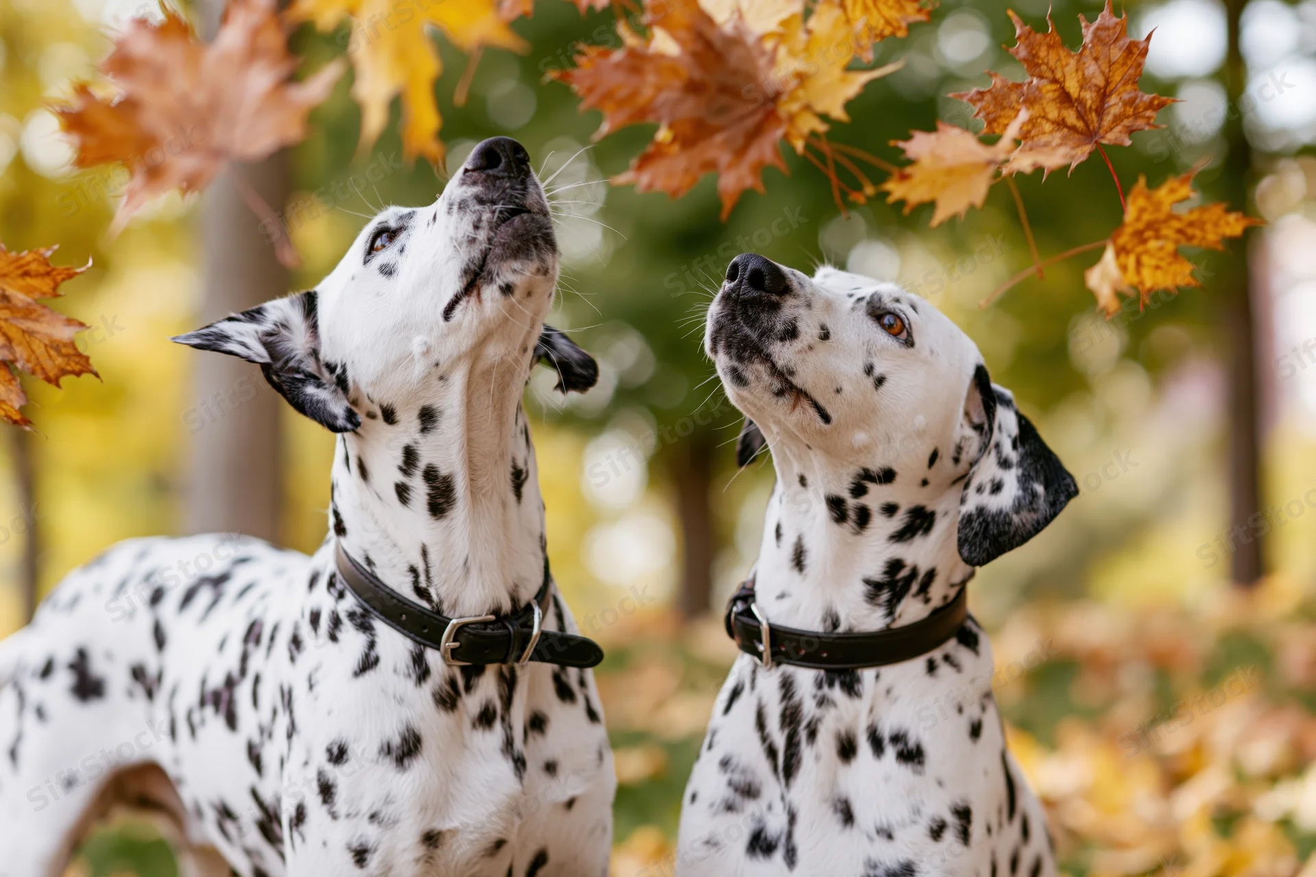 Two dalmatians looking up at falling autumn leaves in a park
