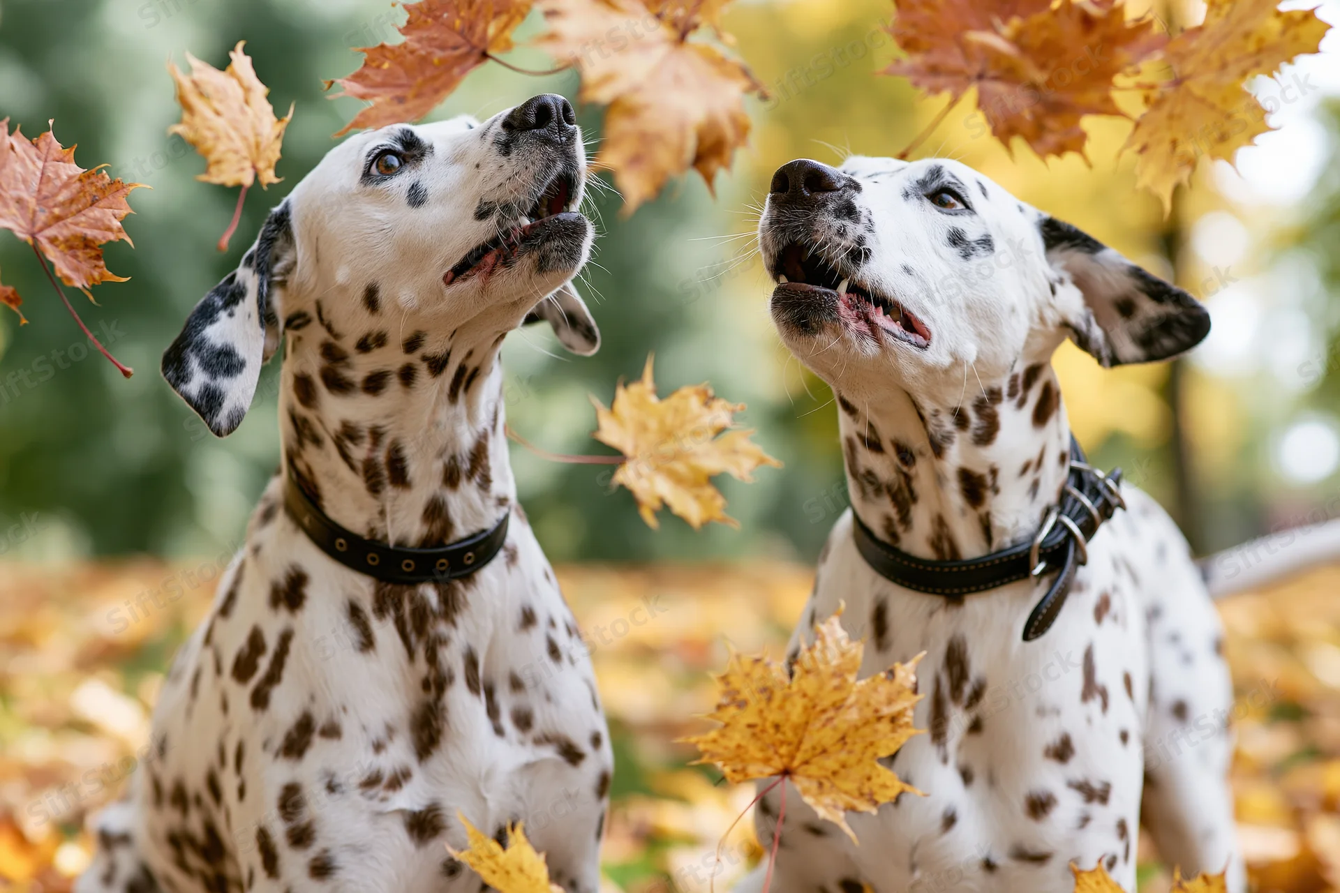 Two dalmatians playing with falling autumn leaves in a park