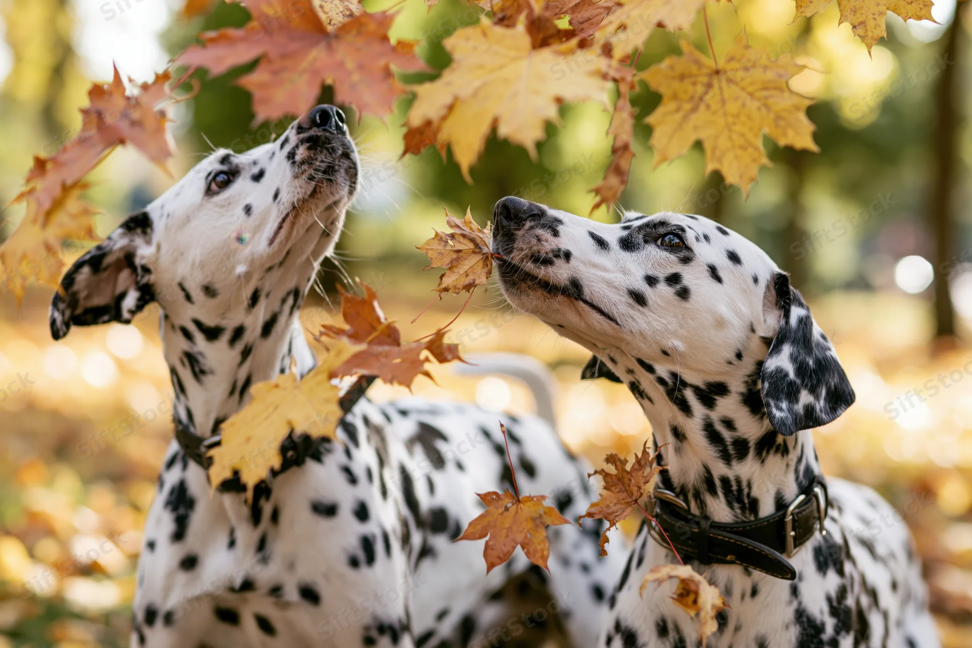 Two dalmatians playing with autumn leaves in a park