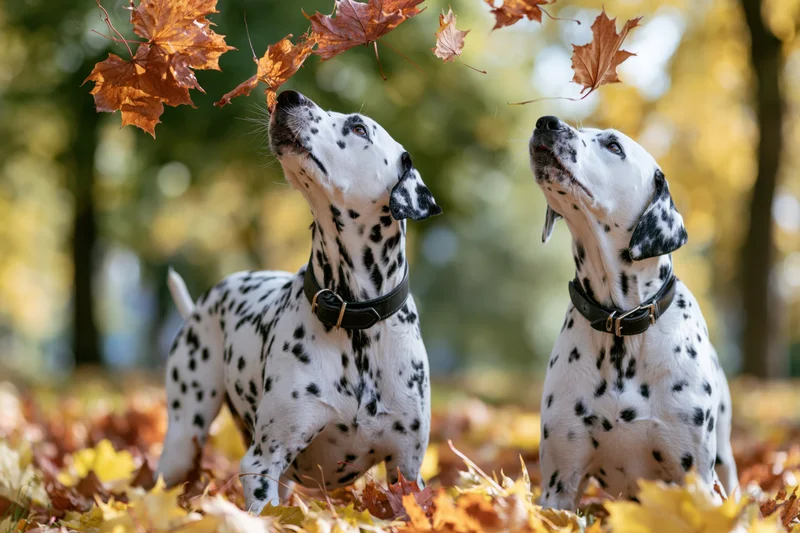 Two dalmatians playing with falling autumn leaves in a park