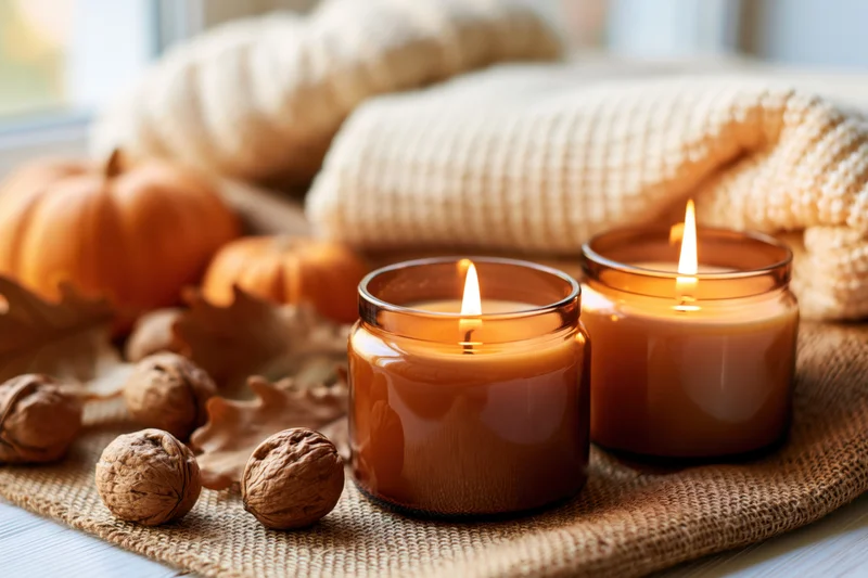 Two amber glass candles with lit flames on a burlap cloth surrounded by pumpkins, walnuts, and autumn leaves
