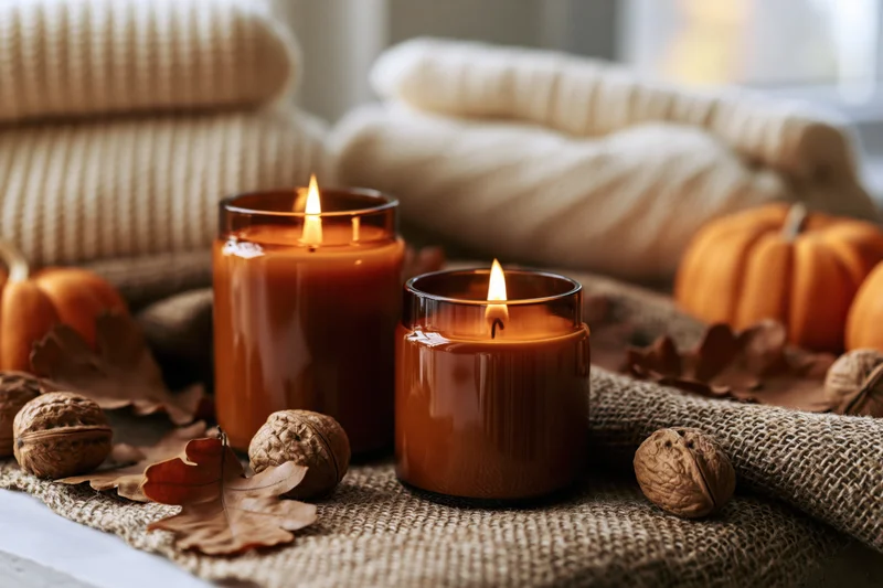 Two amber glass candles with lit flames on a burlap cloth surrounded by pumpkins, walnuts, and autumn leaves