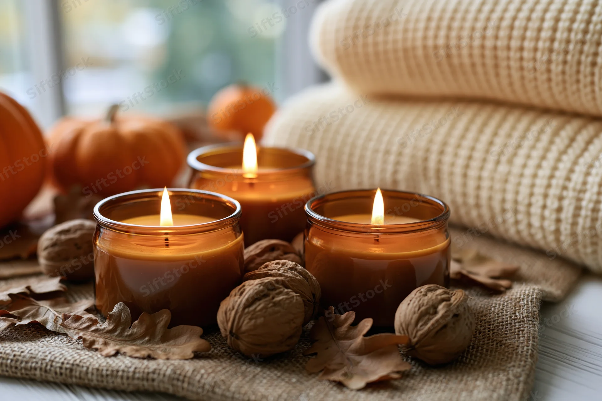 Three amber glass candles with lit flames arranged on burlap cloth with pumpkins, walnuts and leaves nearby