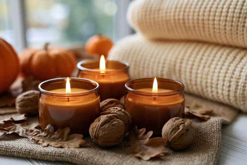Three amber glass candles with lit flames arranged on burlap cloth with pumpkins, walnuts and leaves nearby
