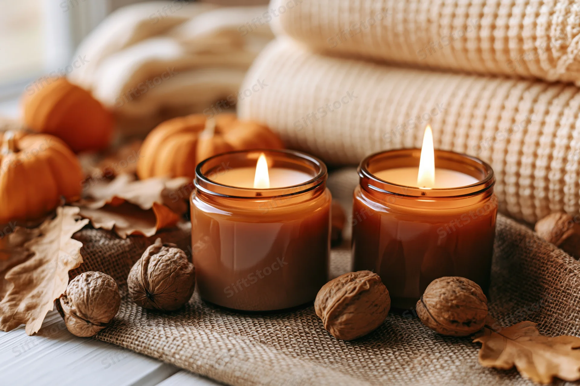 Two amber glass candles with lit flames on a burlap cloth surrounded by pumpkins, walnuts and autumn leaves