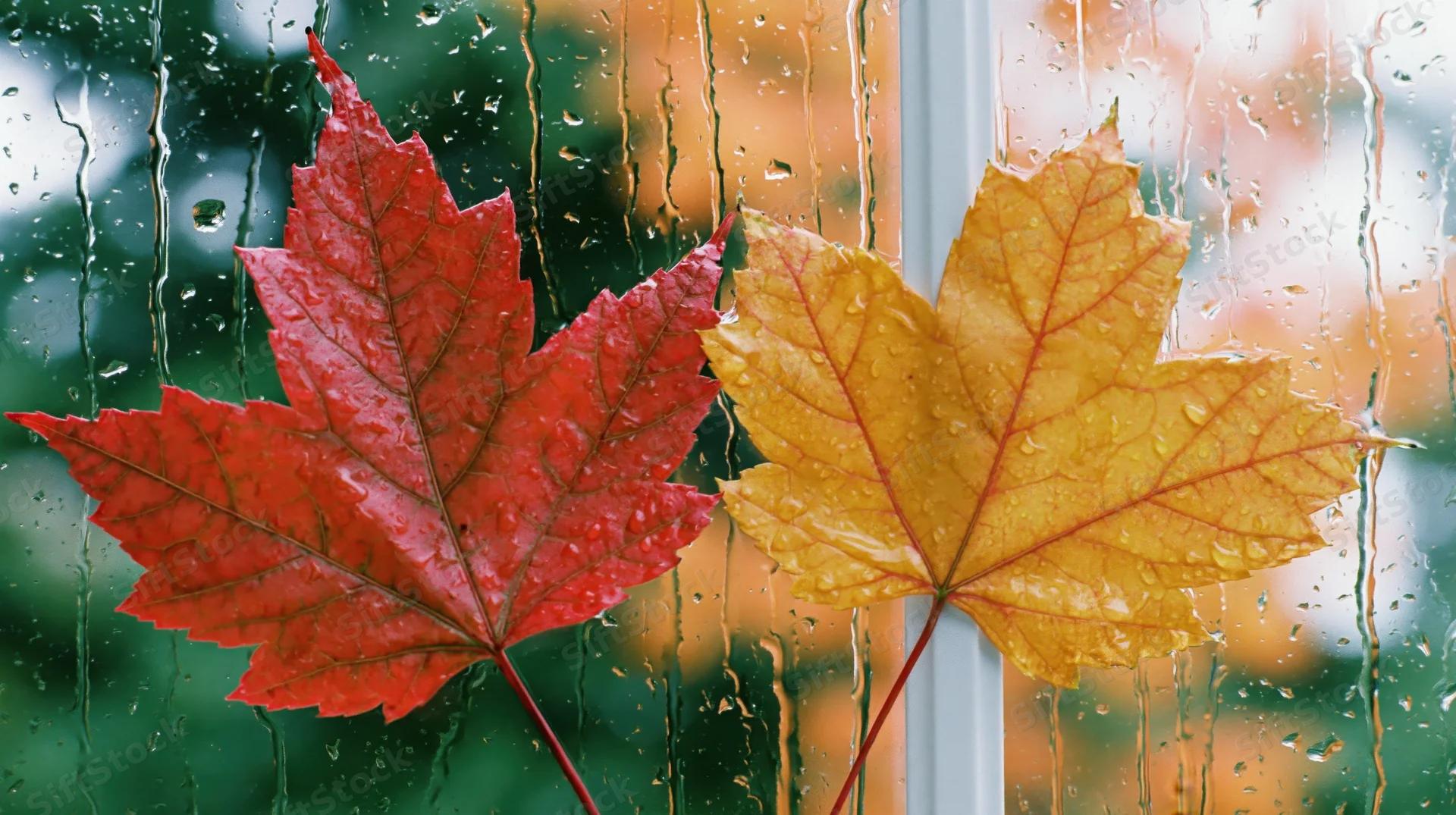 Two autumn maple leaves one red and one golden-yellow pressed against a rain-streaked window