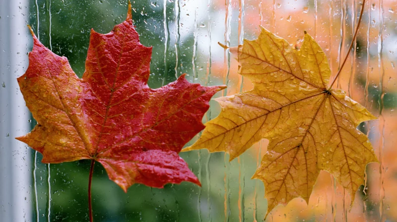 Two autumn maple leaves one red and one golden-yellow pressed against a rain-streaked window