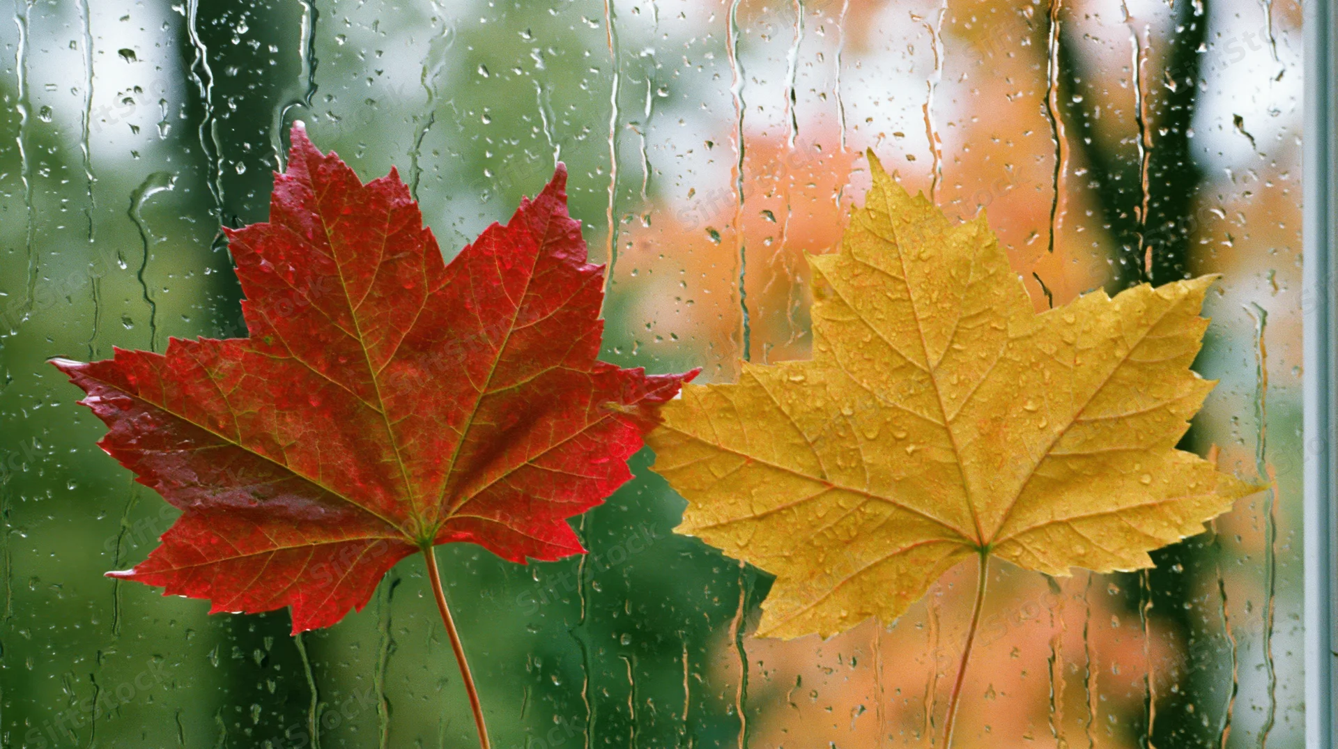 Two autumn maple leaves one red and one golden-yellow pressed against a rain-streaked window with water droplets