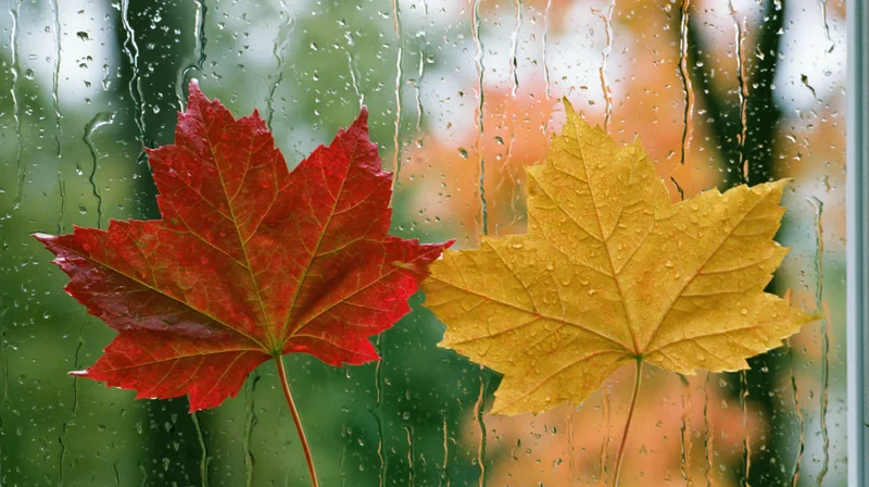 Two autumn maple leaves one red and one golden-yellow pressed against a rain-streaked window with water droplets