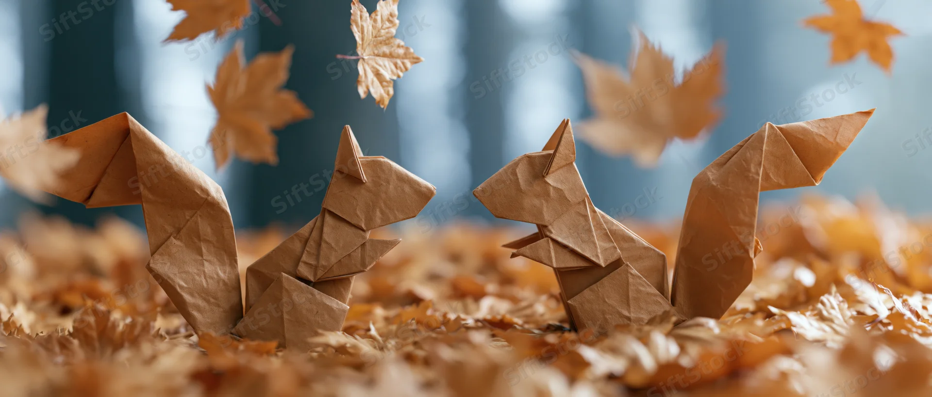 Two brown paper origami squirrels sitting among fallen autumn leaves with floating maple leaves in the background