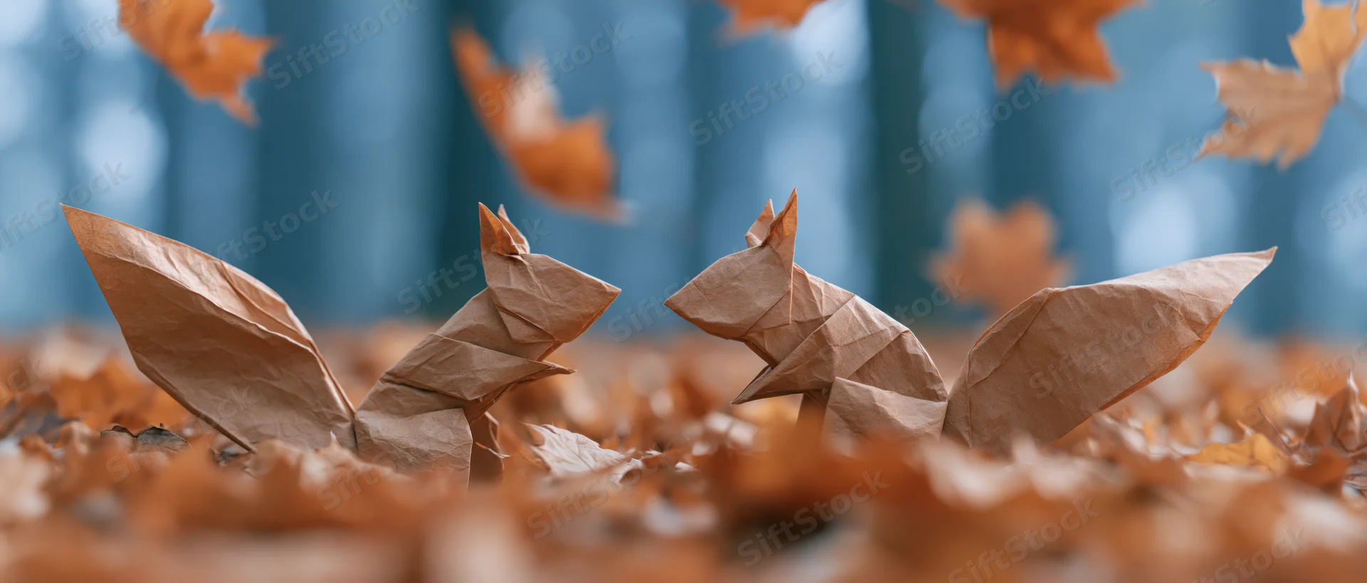 Two brown paper origami squirrels sitting among fallen autumn leaves in a forest setting